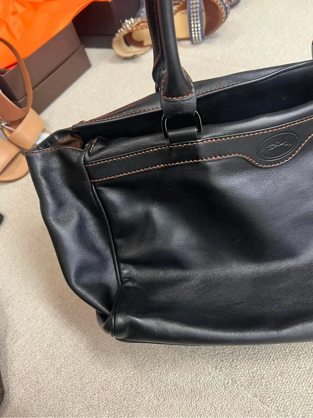 Longchamp Black Leather Tote with Brown Contrast Trim